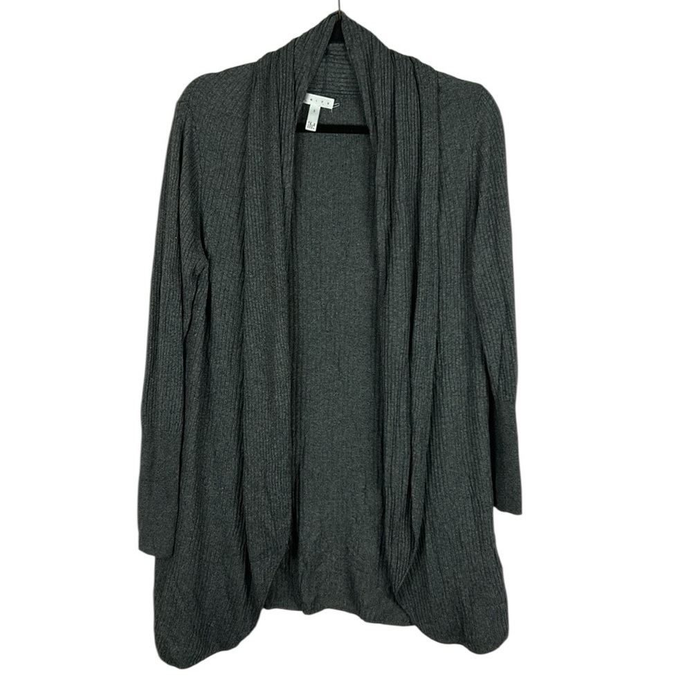 Leith Casual Cotton Wool Blend Open Front Ribbed Long Sleeve Cardigan Small Grey